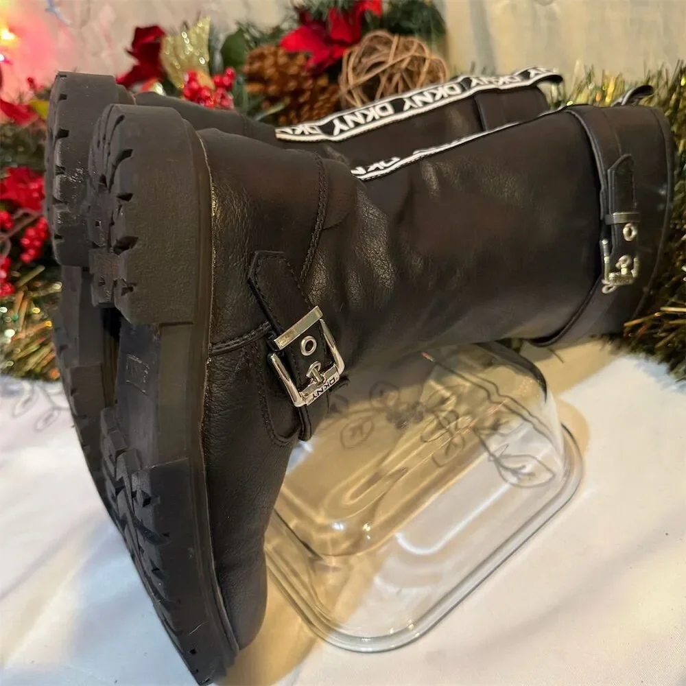 DKNY Girls' Black Moto Boots with Buckle Details and Side Zip